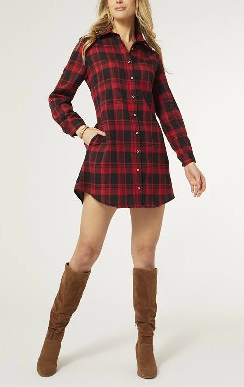 Red and Black Joy Plaid Button Front Tunic