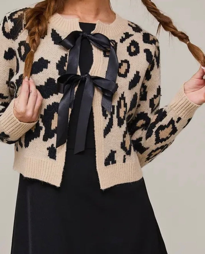 Cropped Leopard Cardigan with Satin Bow Ties