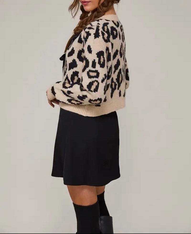 Cropped Leopard Cardigan with Satin Bow Ties