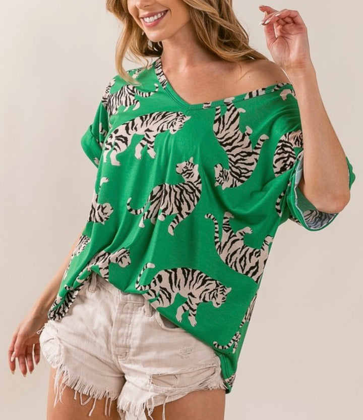 Kelly Green Tee with Tiger Print