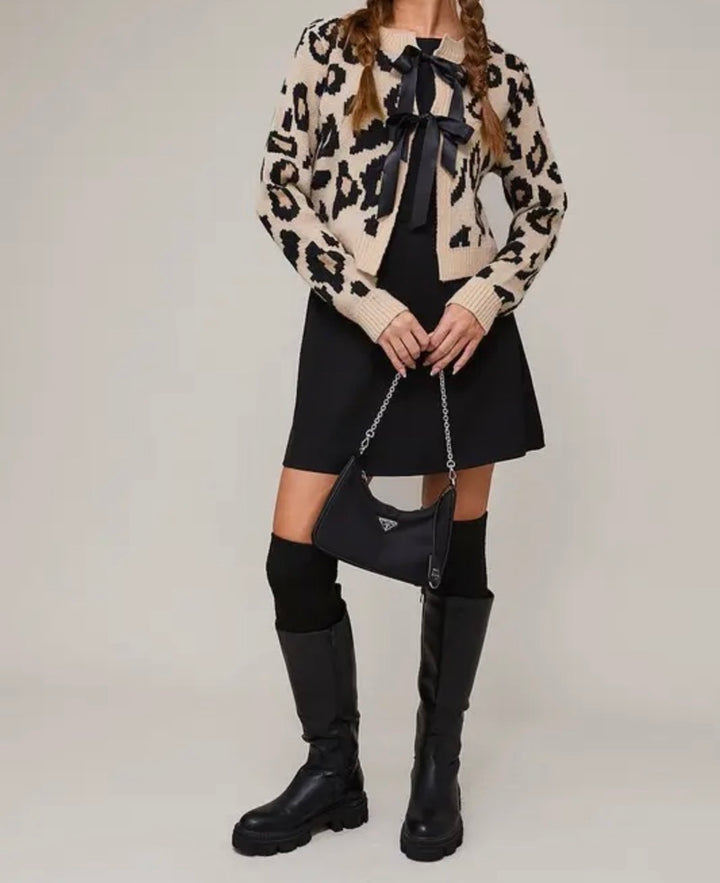 Cropped Leopard Cardigan with Satin Bow Ties