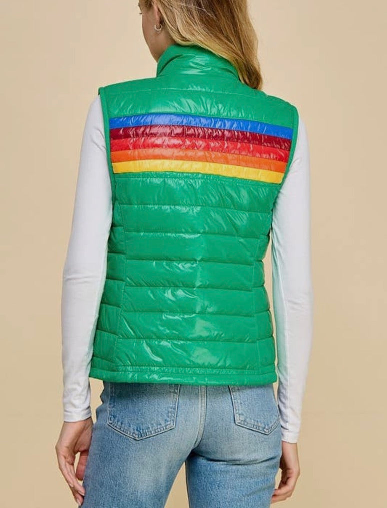 Shiny Green Puffer Vest with Stripes