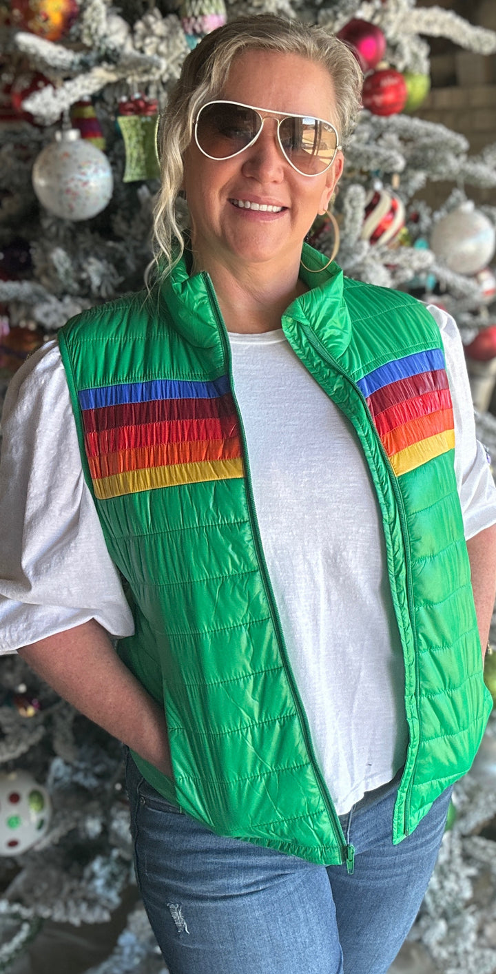 Shiny Green Puffer Vest with Stripes