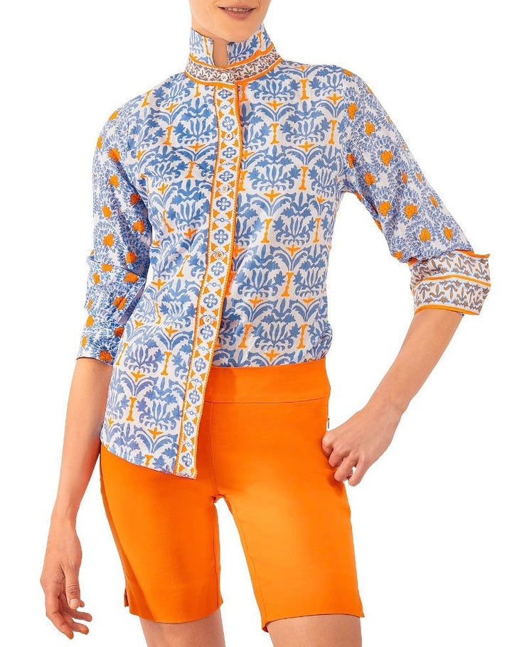 Gretchen Scott Boyfriend Shirt with Periwinkle and Orange Geo Print