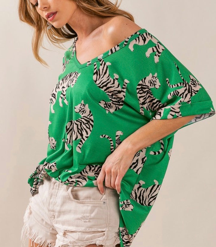 Kelly Green Tee with Tiger Print