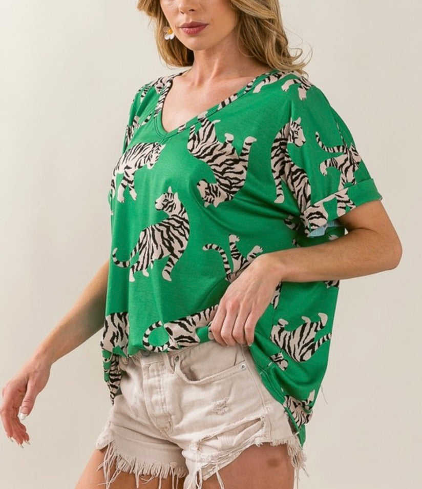 Kelly Green Tee with Tiger Print