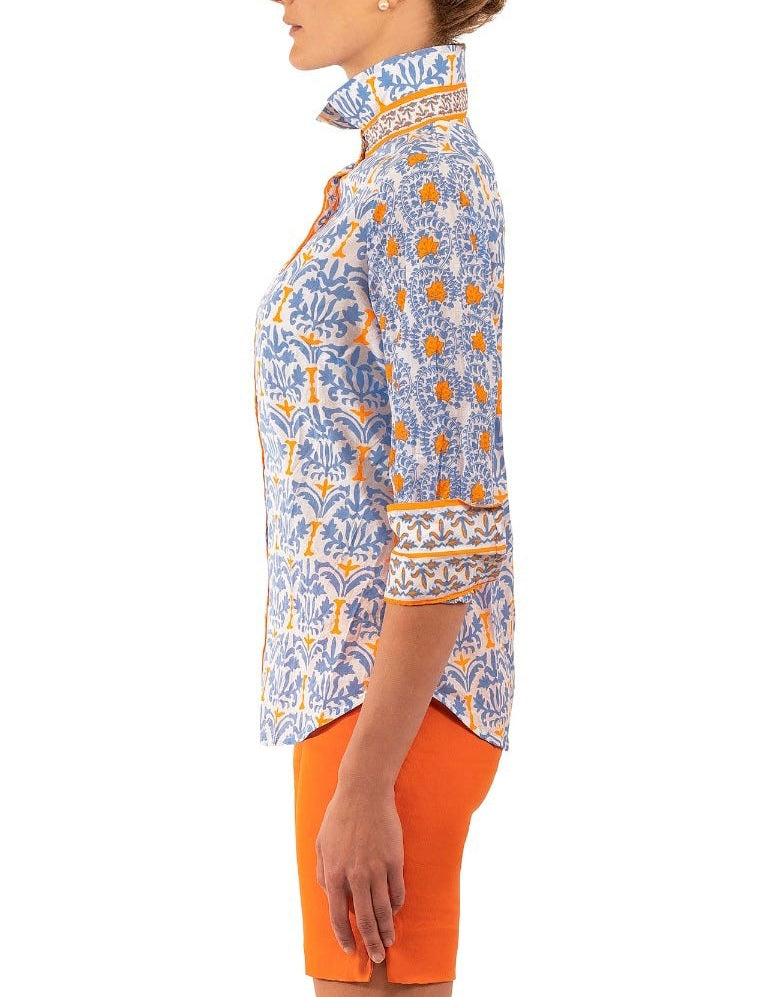 Gretchen Scott Boyfriend Shirt with Periwinkle and Orange Geo Print