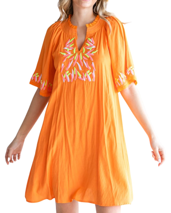 Orange Embroidered Shift Dress