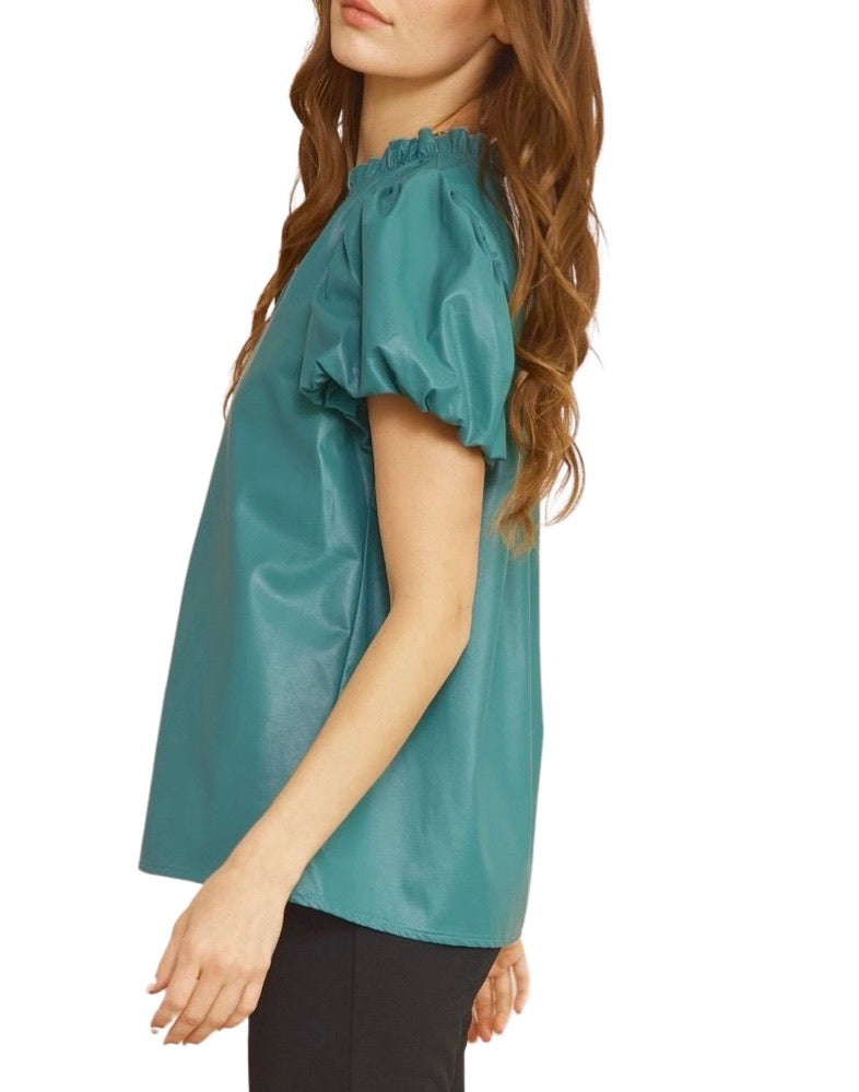 Teal Green Vegan Leather V-Neck Top