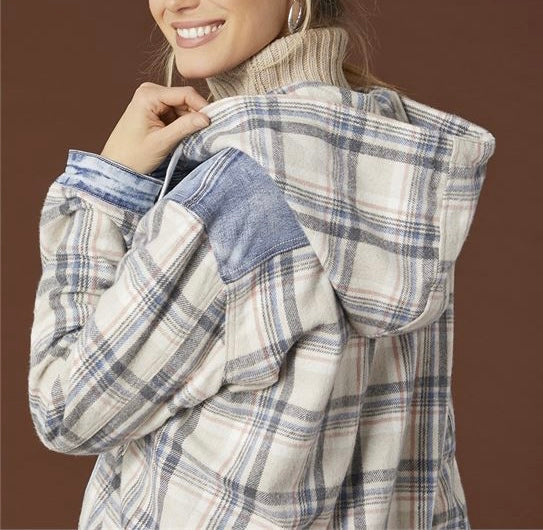 Denim Jacket with Flannel Sleeves and Hoodie