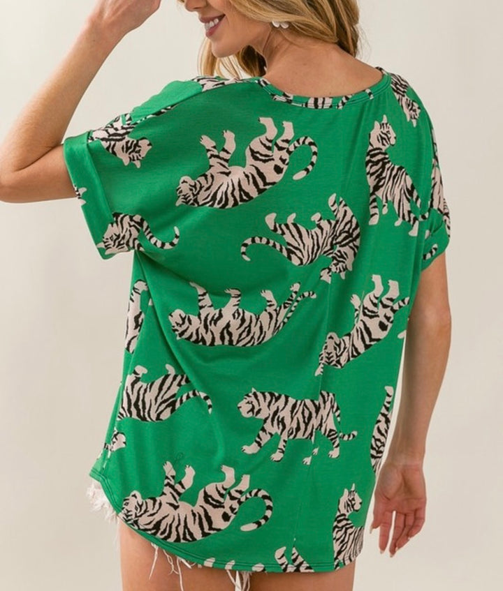 Kelly Green Tee with Tiger Print