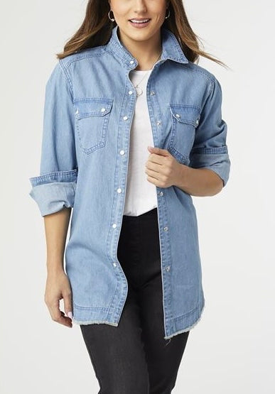 Denim Shirt with Fringed Hem