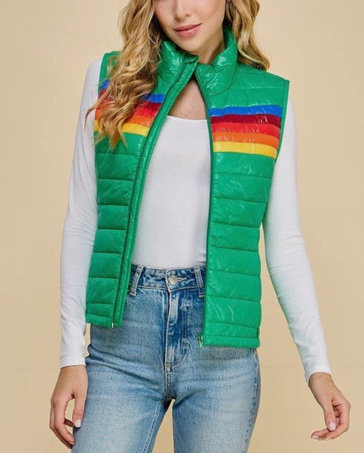 Shiny Green Puffer Vest with Stripes