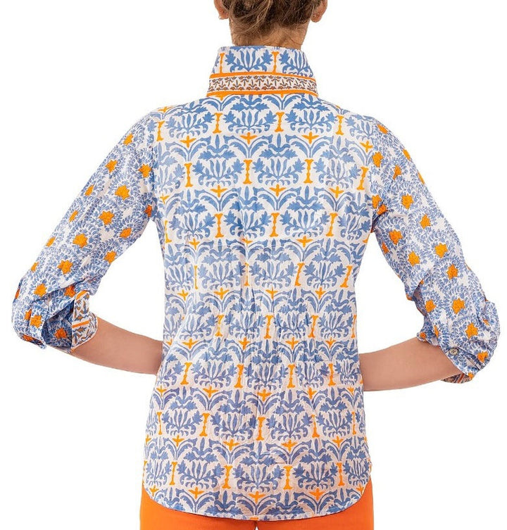 Gretchen Scott Boyfriend Shirt with Periwinkle and Orange Geo Print