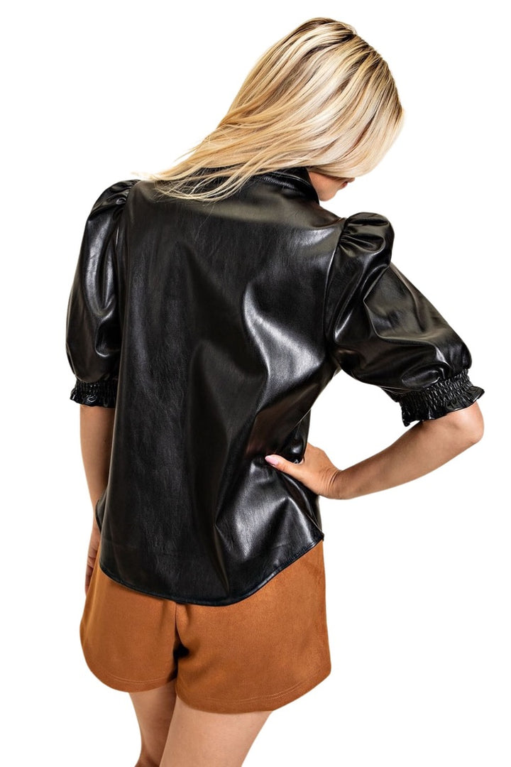 Black Vegan Leather Puff Sleeve Top