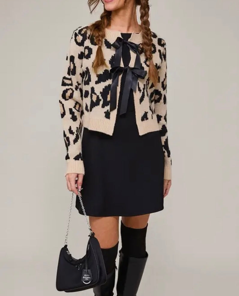 Cropped Leopard Cardigan with Satin Bow Ties