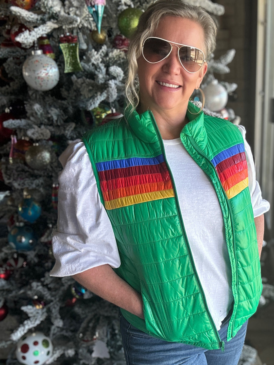 Shiny Green Puffer Vest with Stripes