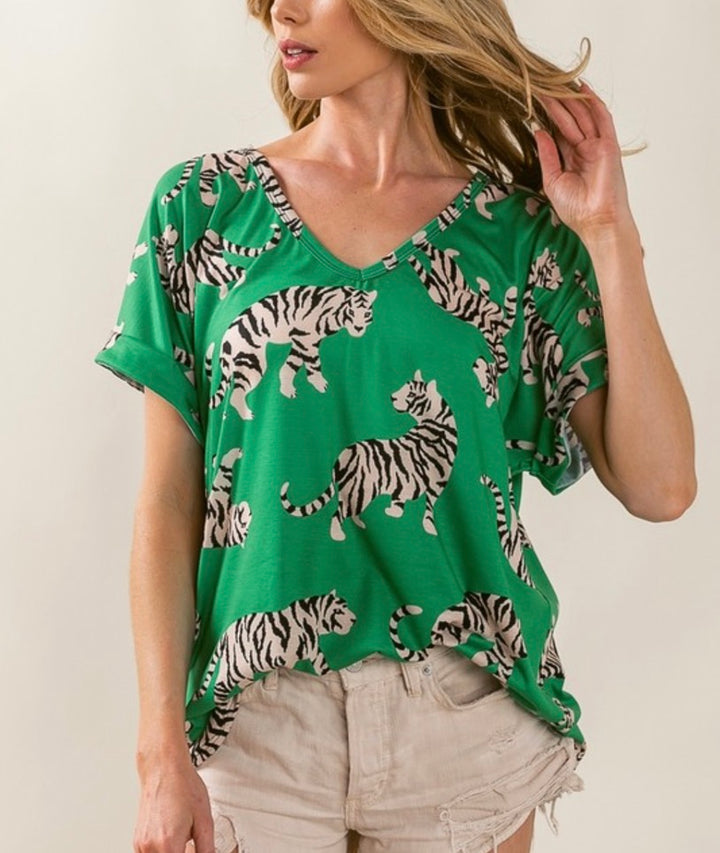 Kelly Green Tee with Tiger Print