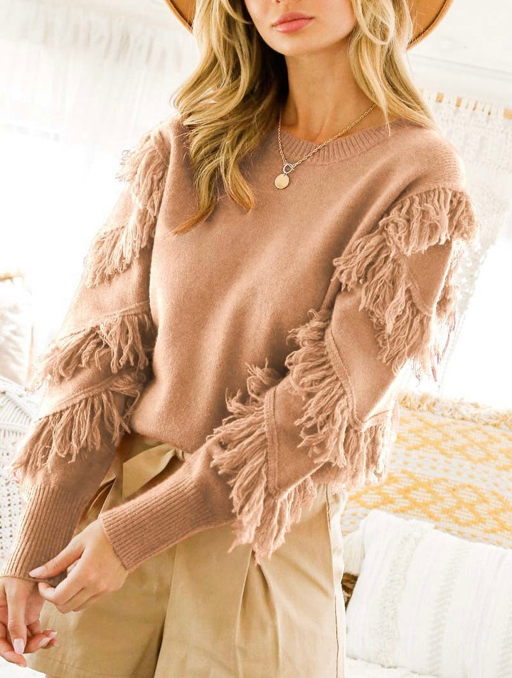 Taupe Fringed Sleeve Sweater