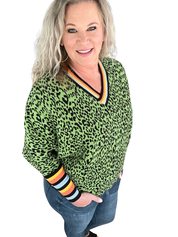 Leopard Sweater with Stripe Sleeve