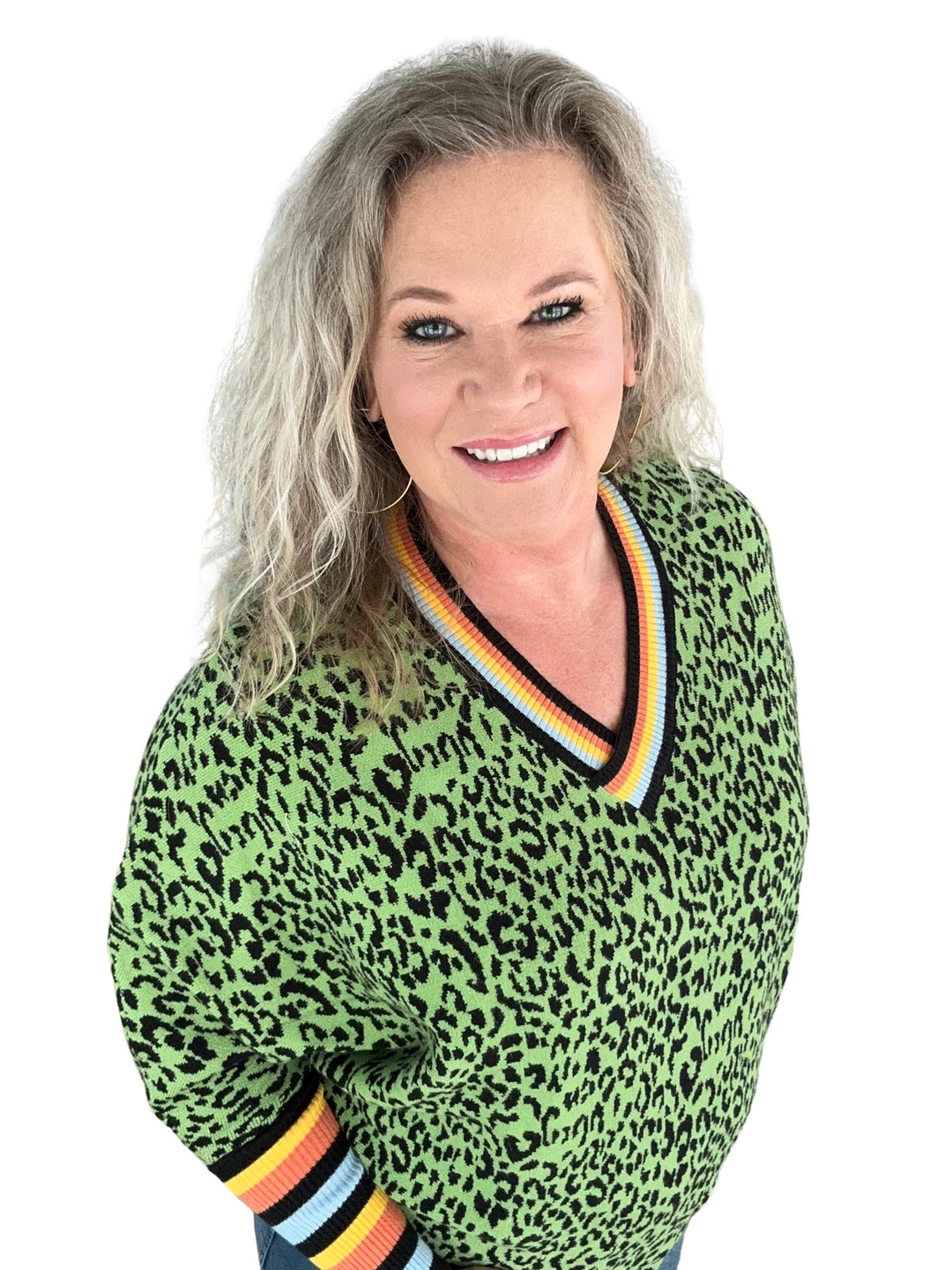 Leopard Sweater with Stripe Sleeve