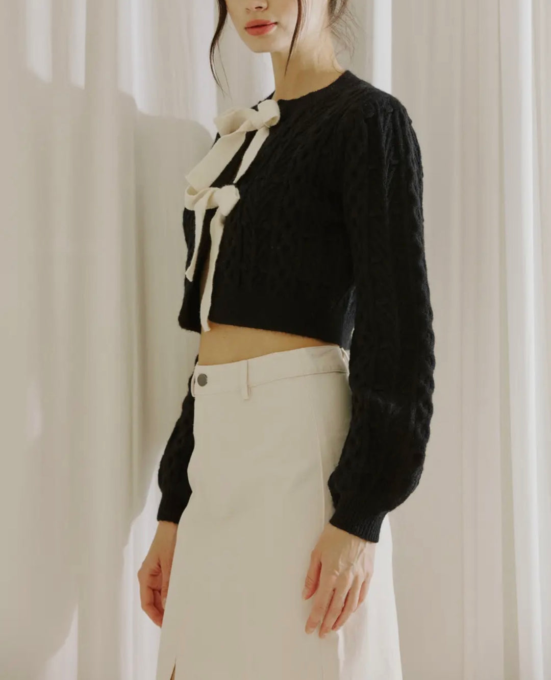 Black Sweater with Cream Bows