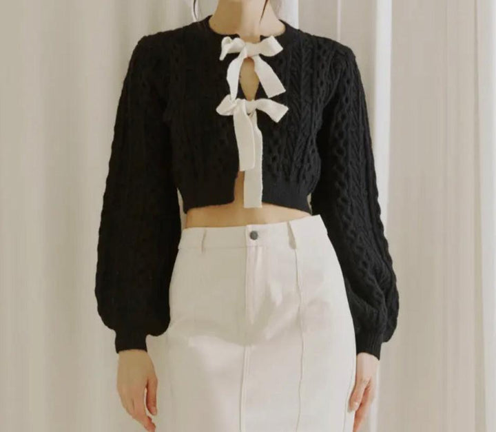 Black Sweater with Cream Bows