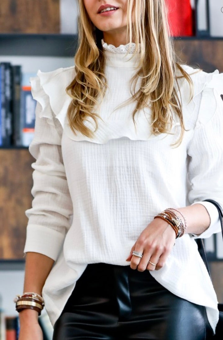 Lace Neck Ruffle Detail Top