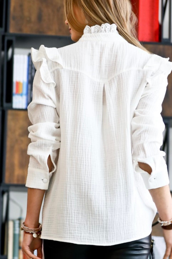 Lace Neck Ruffle Detail Top