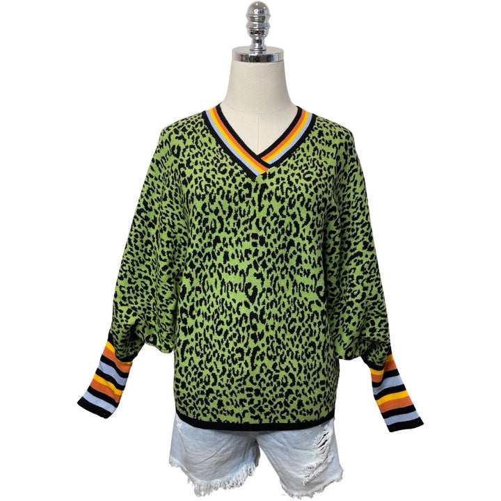Leopard Sweater with Stripe Sleeve