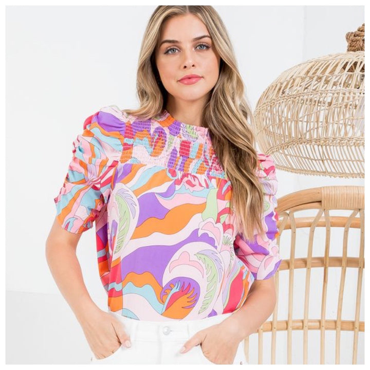 Abstract Print Smocked Top with Ruched Sleeve